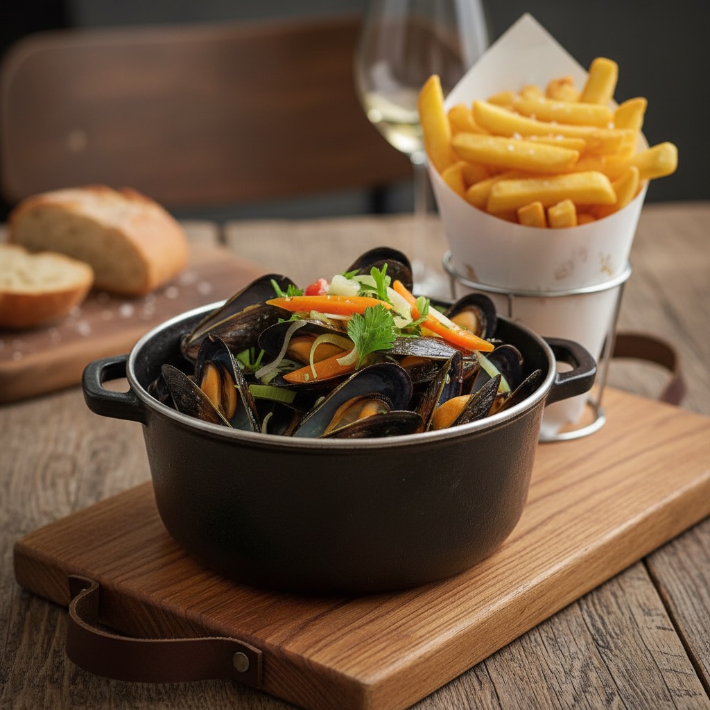 Een zwarte pan met mosselen en groenten op een houten plank, geserveerd met een puntzak friet en een glas witte wijn.